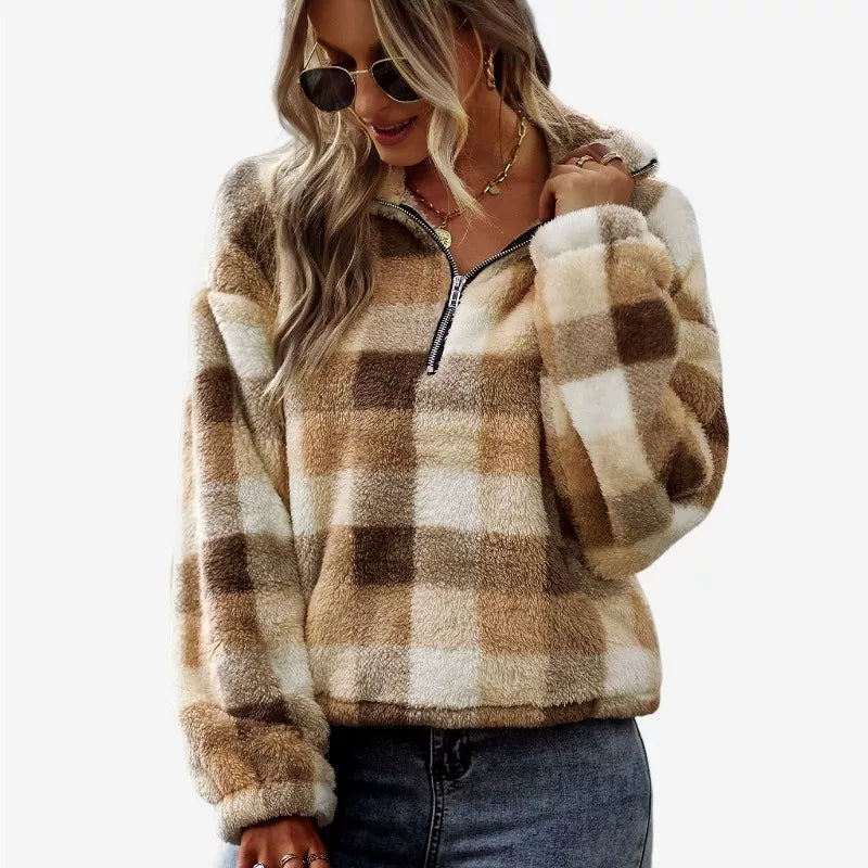 Quarter Zip Sherpa Jacket Cropped Plaid Fluffy Soft Fleece Sweater