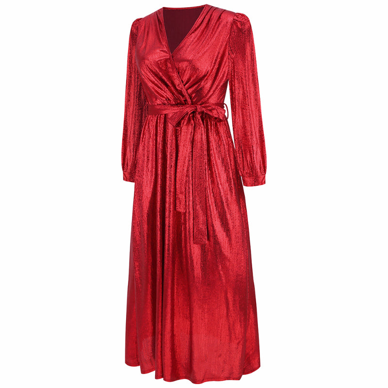 Women's Sparkly Metallic Dress Xmas Party Dress V-neck Maxi Dress in Red Shiny
