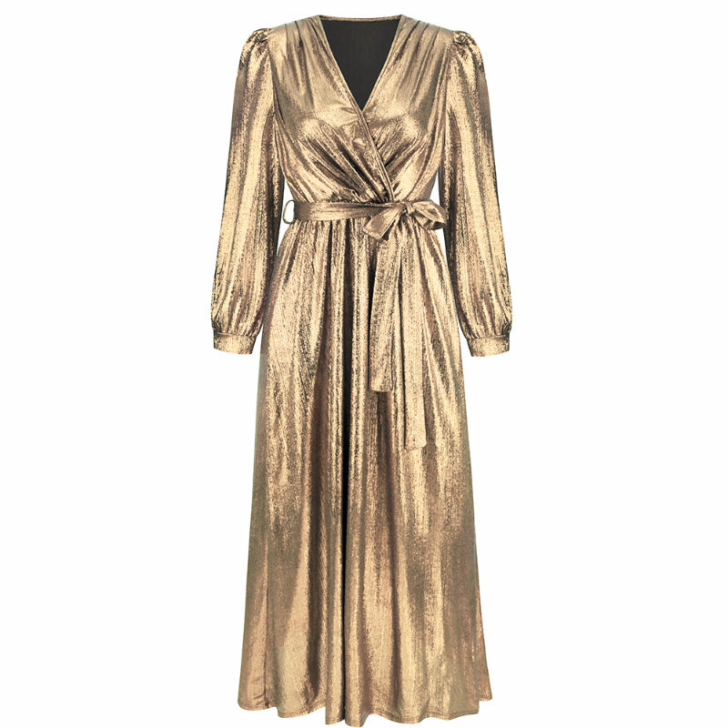 Women's Sparkly Metallic Dress Xmas Party Dress V-neck Maxi in Golden Shiny