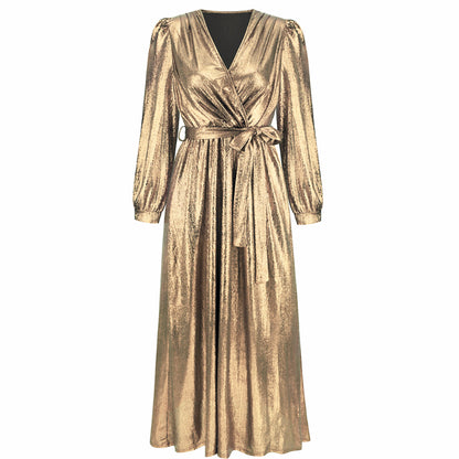 Women's Sparkly Metallic Dress Xmas Party Dress V-neck Maxi in Golden Shiny