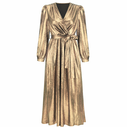 Women's Sparkly Metallic Dress Xmas Party Dress V-neck Maxi in Golden Shiny
