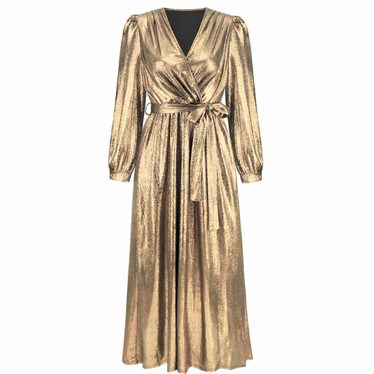 Women's Sparkly Metallic Dress Xmas Party Dress V-neck Maxi in Golden Shiny