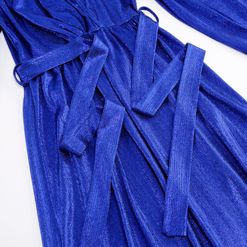Women's Sparkly Metallic Dress Xmas Party V-neck Prom Dress in Blue Shiny