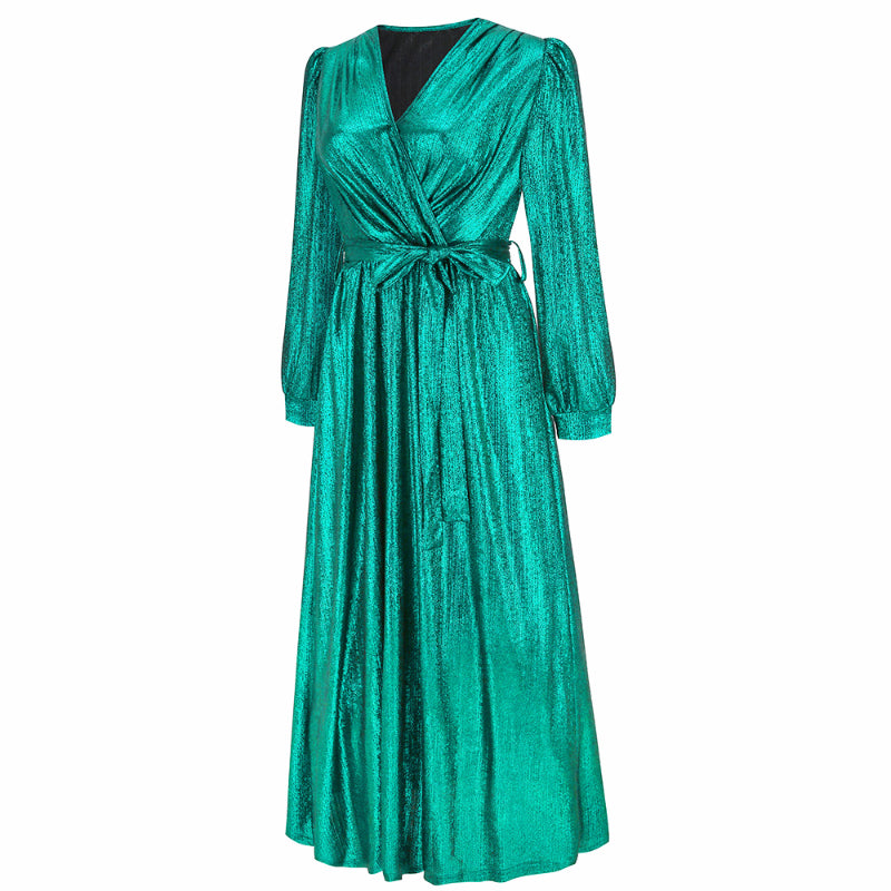 Women's Sparkly Metallic Dress Xmas Party Dress V-neck Maxi Dress in Green Shiny