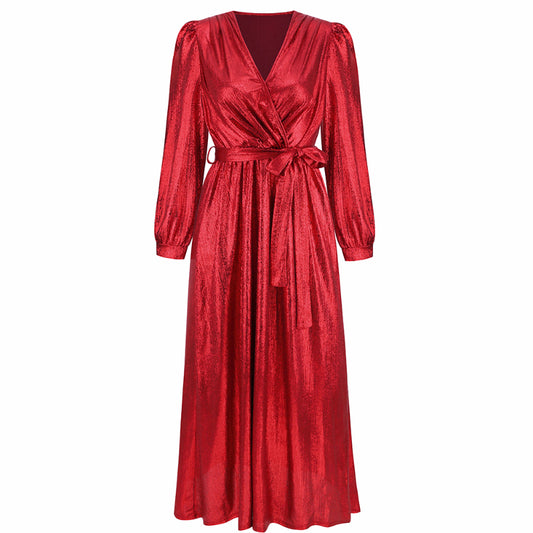 Women's Sparkly Metallic Dress Xmas Party Dress V-neck Maxi Dress in Red Shiny