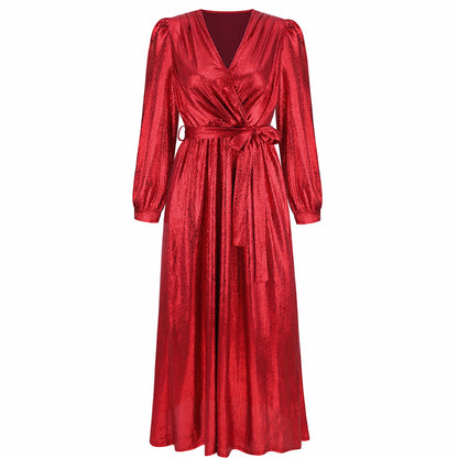 Women's Sparkly Metallic Dress Xmas Party Dress V-neck Maxi Dress in Red Shiny