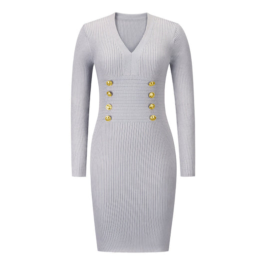 Grey Ribbed Knit Dress V Neck Button Down Elegant Midi Dress