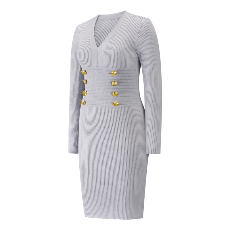 Grey Ribbed Knit Dress V Neck Button Down Elegant Midi Dress