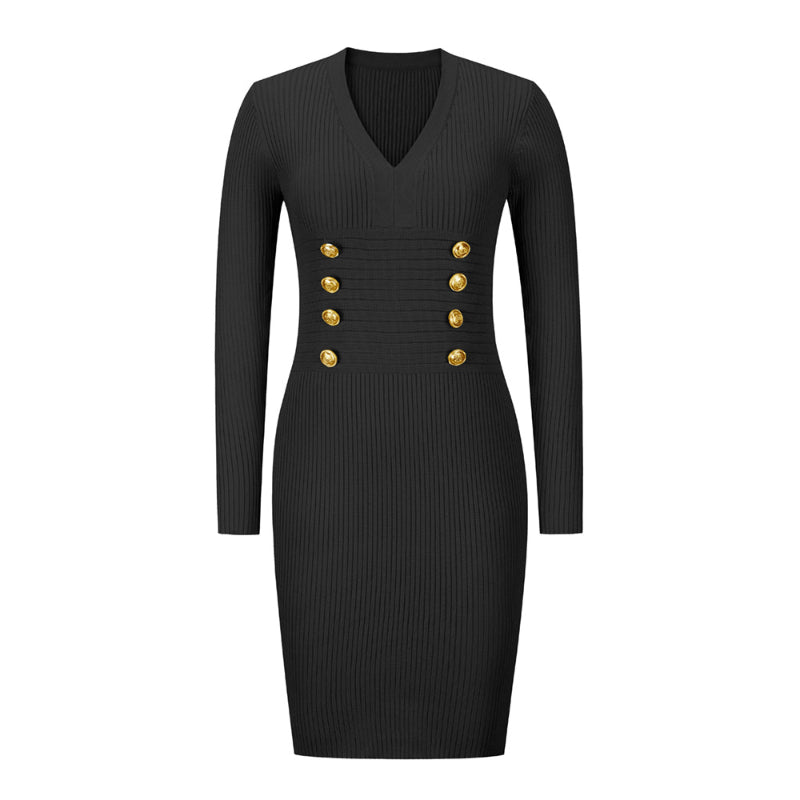 Black Ribbed Knit Dress V Neck Button Down Elegant Midi Dress
