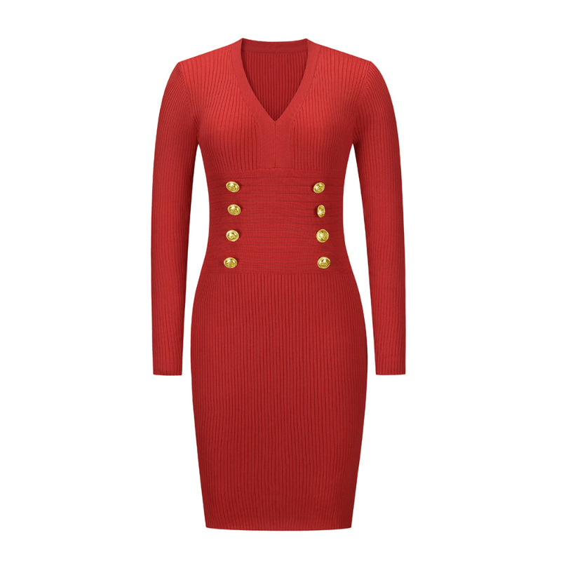 Red Ribbed Knit Dress V Neck Button Down Elegant Midi Dress