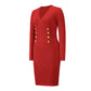 Red Ribbed Knit Dress V Neck Button Down Elegant Midi Dress