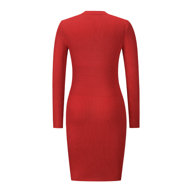 Red Ribbed Knit Dress V Neck Button Down Elegant Midi Dress