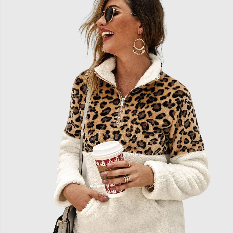 Quarter-Zip Sherpa Pullover Fuzzy Fleece Sweater in White X Leopard