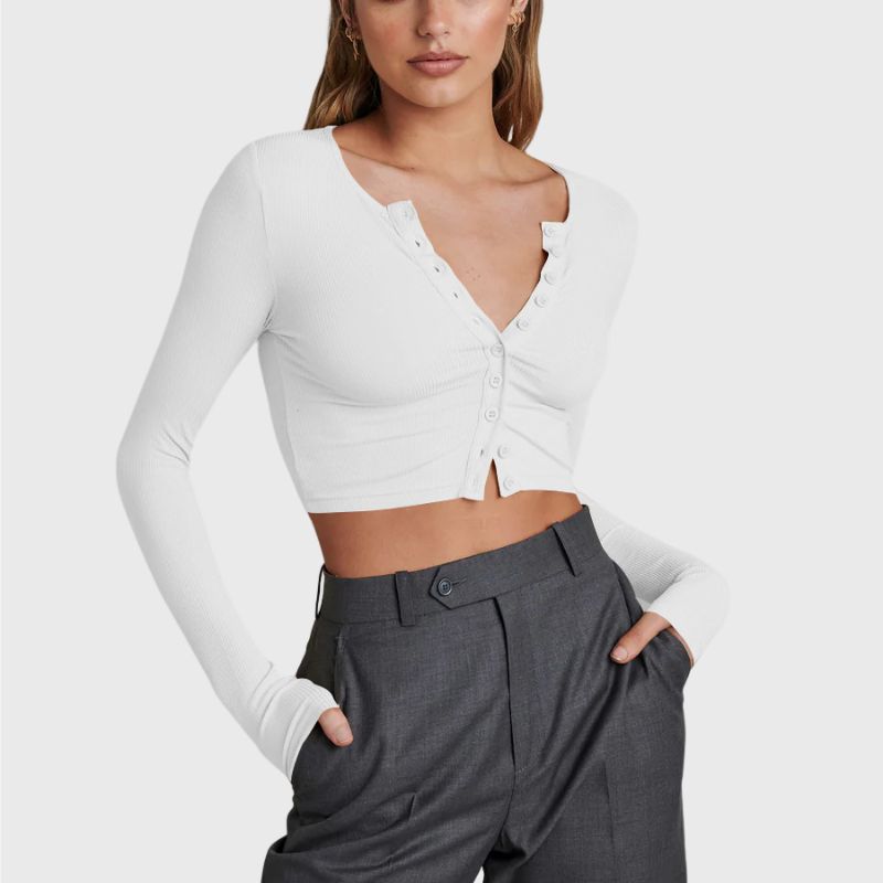 Long Sleeve White T Shirt Crop Top Button Up