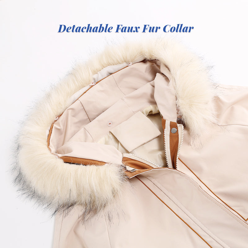 Women's 2-in-1 Winter Coat with Inner Warm Fleece Coat Fur Collar Long Padding Jacket in Brown