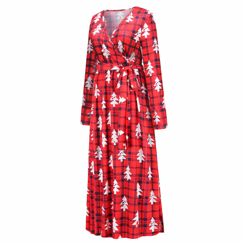 Christmas Dresses for Women Long Sleeve V-neck Long Waist Tie Dress Tree Print 