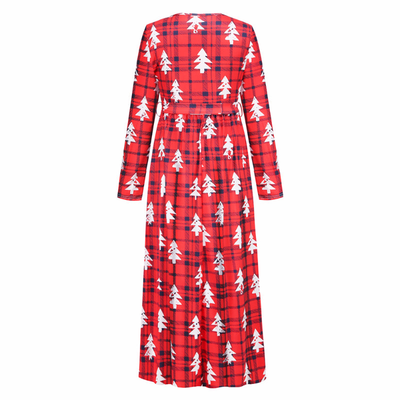 Christmas Dresses for Women Long Sleeve V-neck Long Waist Tie Dress Tree Print 