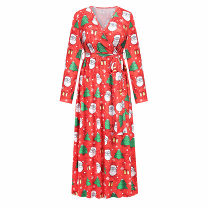 Christmas Dresses for Women Long Sleeve V-neck Long Waist Tie Dress with Print