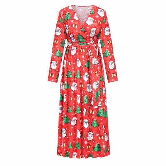 Christmas Dresses for Women Long Sleeve V-neck Long Waist Tie Dress with Print