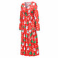 Christmas Dresses for Women Long Sleeve V-neck Long Waist Tie Dress with Print