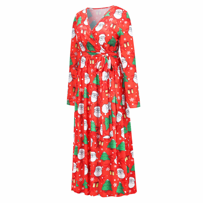 Christmas Dresses for Women Long Sleeve V-neck Long Waist Tie Dress with Print