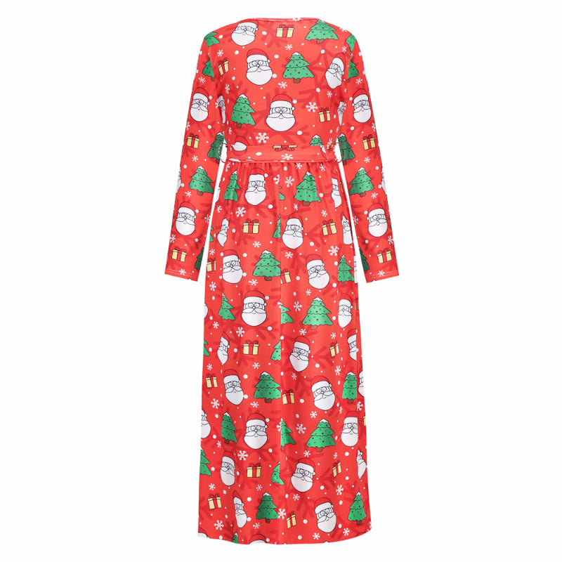 Christmas Dresses for Women Long Sleeve V-neck Long Waist Tie Dress with Print