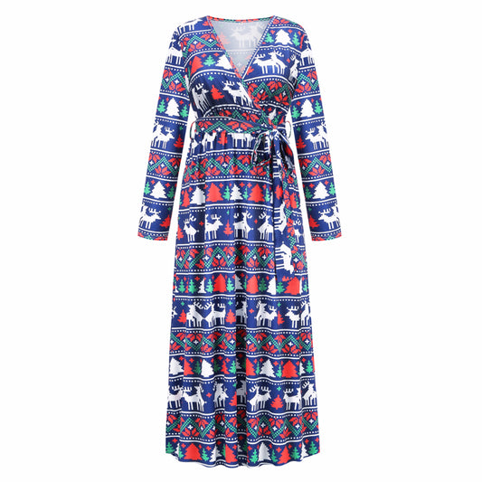 Christmas Dresses for Women Long Sleeve V-neck Long Waist Tie Dress in Blue