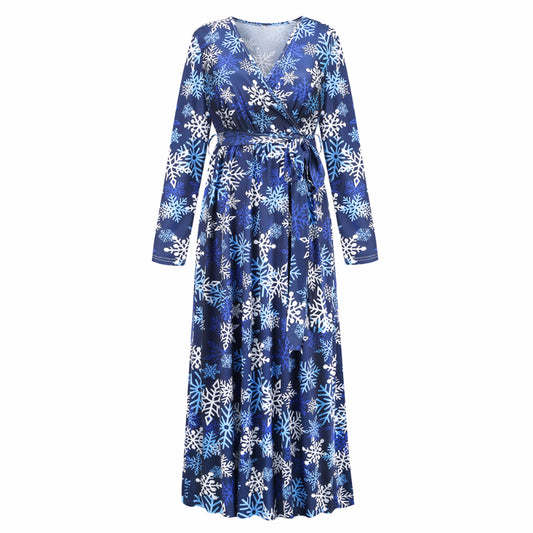 Christmas Dresses for Women Long Sleeve V-neck Long Waist Tie Dress in Blue