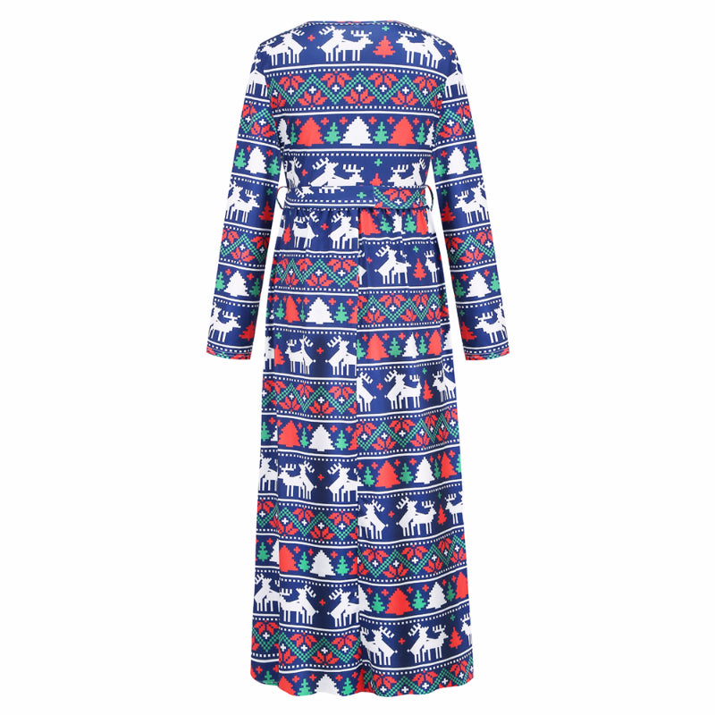 Christmas Dresses for Women Long Sleeve V-neck Long Waist Tie Dress in Blue