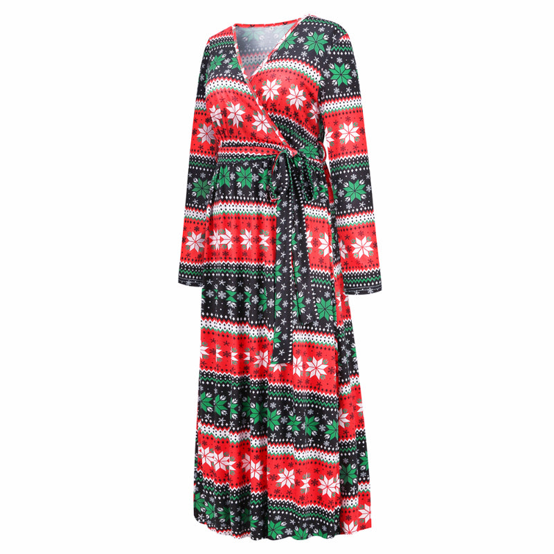 Christmas Dresses for Women Long Sleeve V-neck Long Waist Tie Dress Snow Print