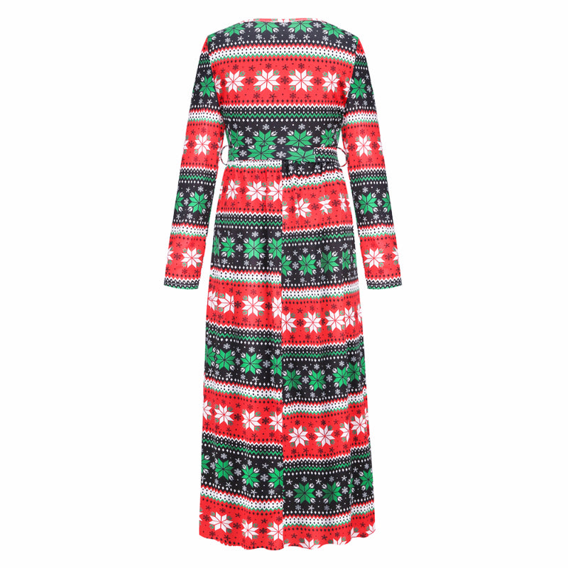 Christmas Dresses for Women Long Sleeve V-neck Long Waist Tie Dress Snow Print