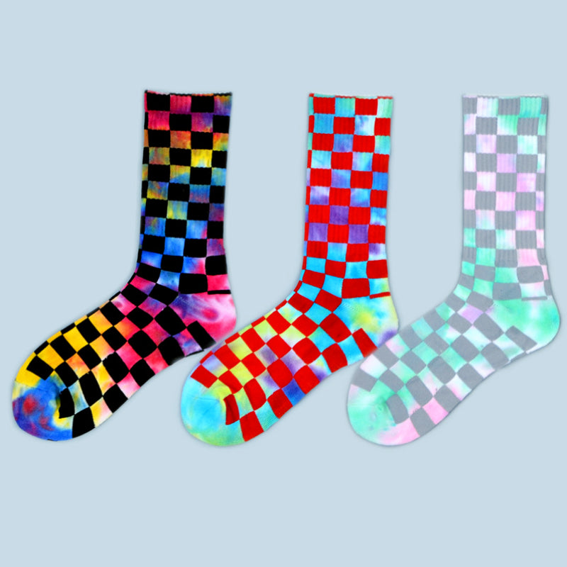 Checkerboard Tie-dye Socks Unisex 3 Pack Novelty Socks