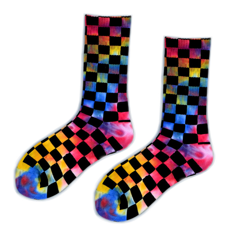 Checkerboard Tie-dye Socks Unisex 3 Pack Novelty Socks