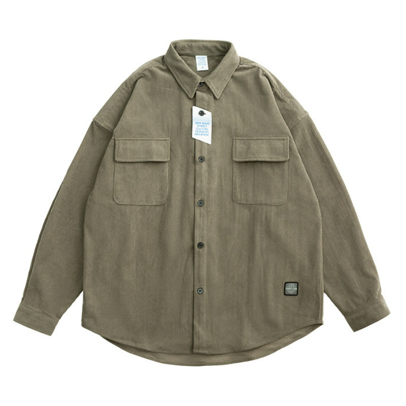Men's Long Sleeve Vintage Corduroy Shirt Jacket Button Down in Kakhi