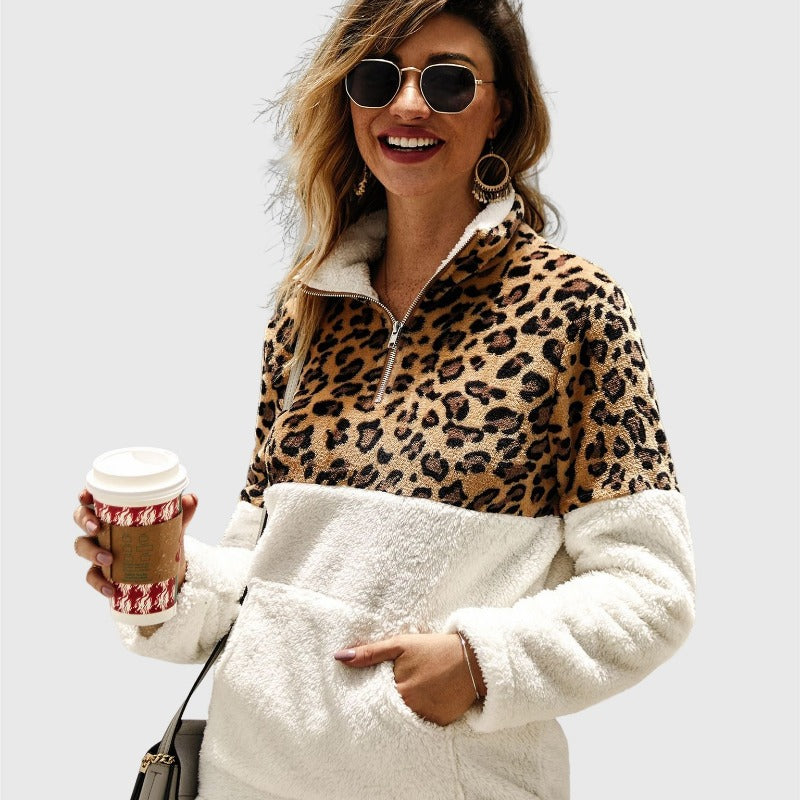 Quarter-Zip Sherpa Pullover Fuzzy Fleece Sweater in White X Leopard