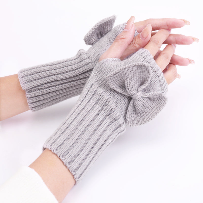 Long Fingerless Gloves Womens with Bow in Grey