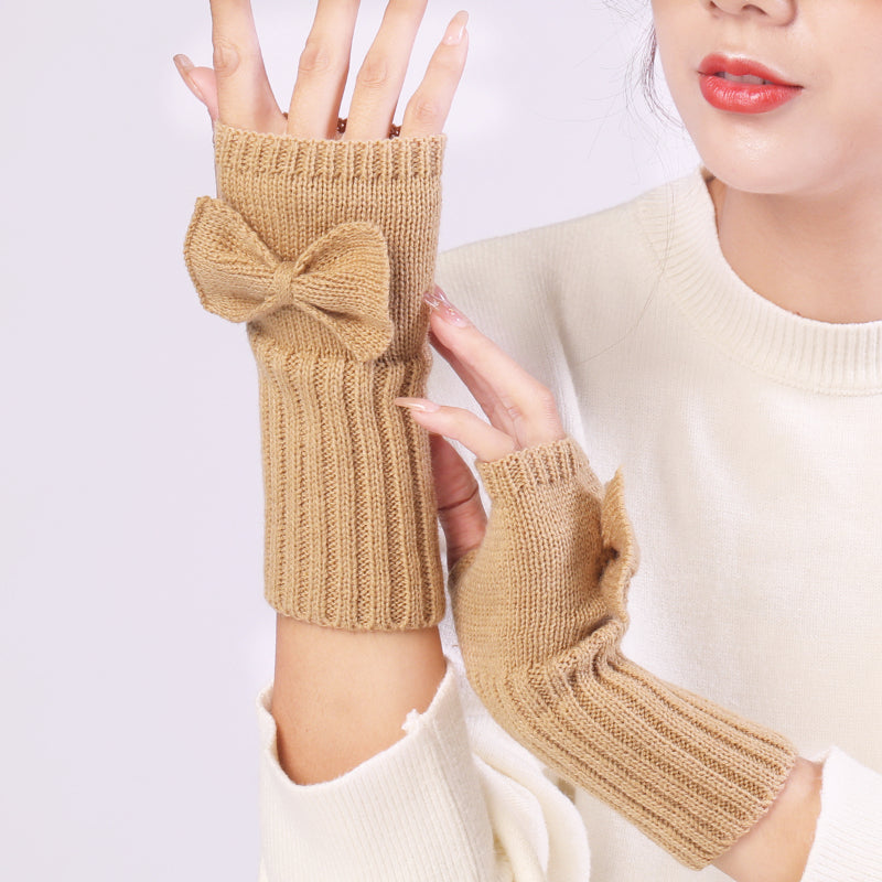 Long Fingerless Gloves Womens with Bow in Kakhi