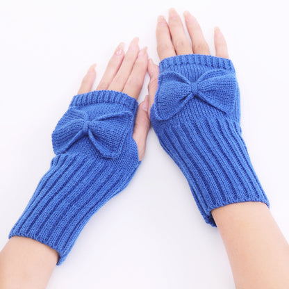 Long Fingerless Gloves Womens with Bow in Blue
