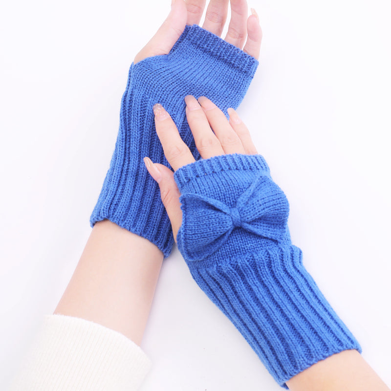 Long Fingerless Gloves Womens with Bow in Blue