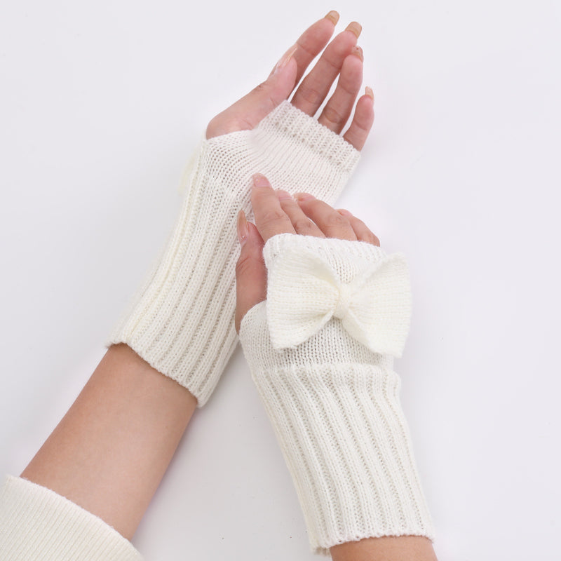 Long Fingerless Gloves Womens with Bow in White