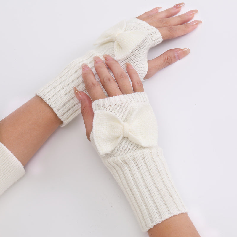 Long Fingerless Gloves Womens with Bow in White