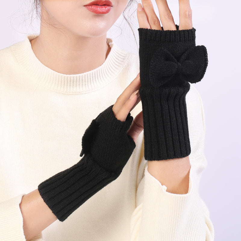 Long Fingerless Gloves Womens with Bow in Black