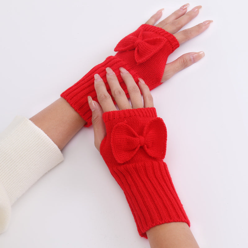 Long Fingerless Gloves with Bow in RED