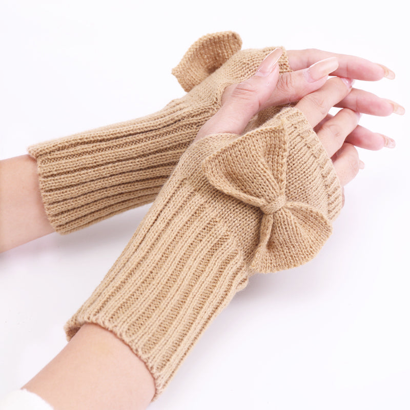 Long Fingerless Gloves Womens with Bow in Kakhi