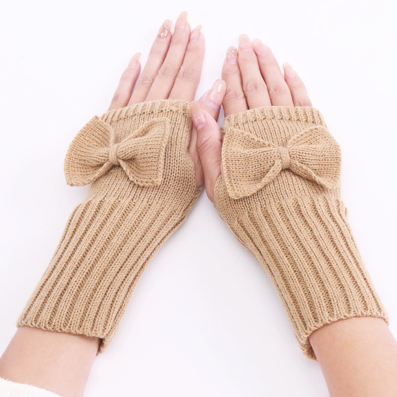 Long Fingerless Gloves Womens with Bow in Kakhi