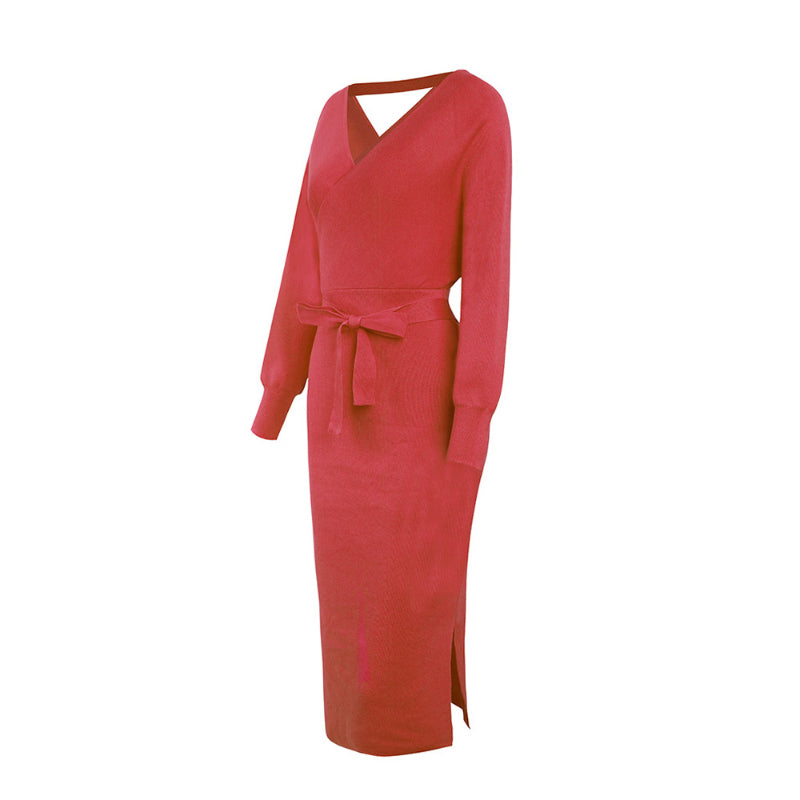 Elegant Sweater Dress with Belt Batwing Sleeve Midi Dress in Hot Pink