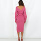 Elegant Sweater Dress with Belt Batwing Sleeve Midi Dress in Hot Pink