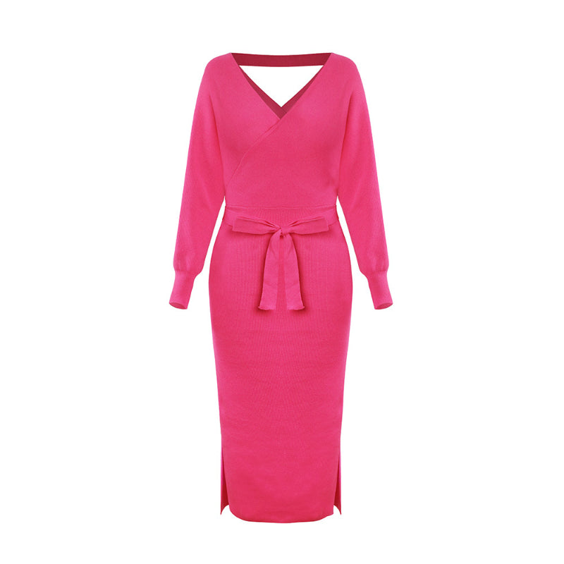 Elegant Sweater Dress with Belt Batwing Sleeve Midi Dress in Hot Pink