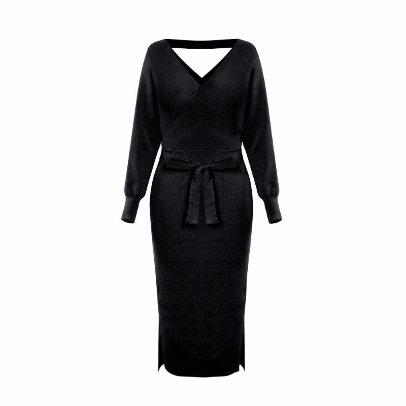 Elegant Sweater Dress with Belt Batwing Sleeve Midi Dress in Black
