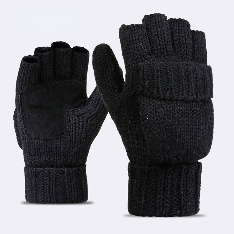 Black Fingerless Gloves with Flap Wool Blend for Typing, Biker, Driving